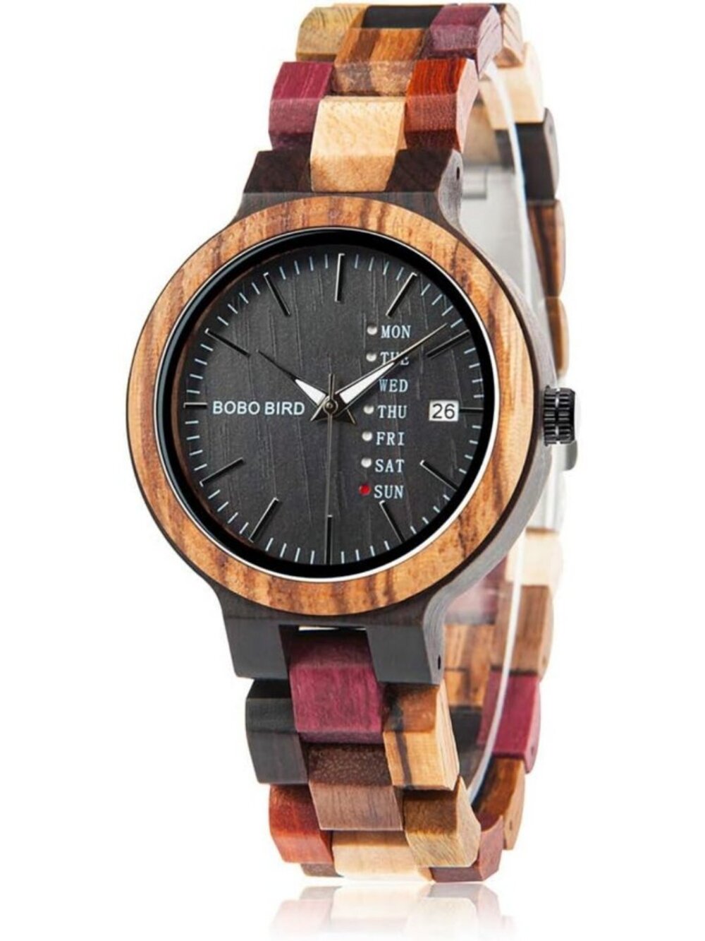 Colorful Handmade Wood Watch with Week & Date Display, Multifunctional Quartz